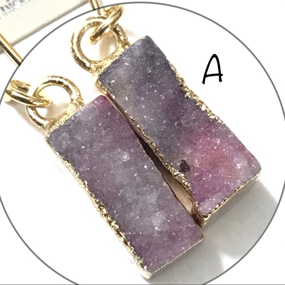 Gold with Purple Druzy Stone Dangle Earrings - Picture 3 of 6